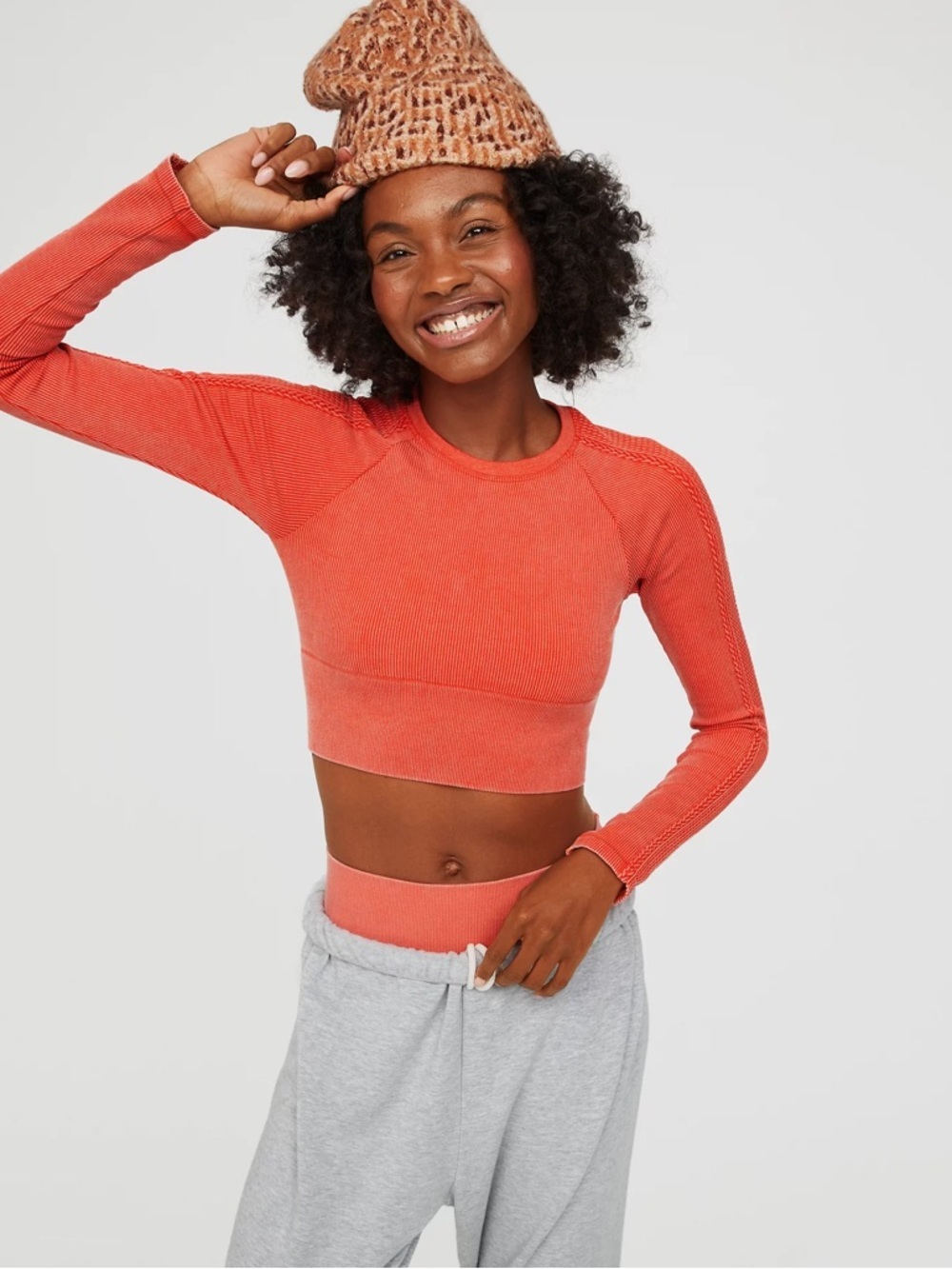 OFFLINE By Aerie Big Chill Seamless Long Sleeve Coral T-Shirt In Starburst Sz XS